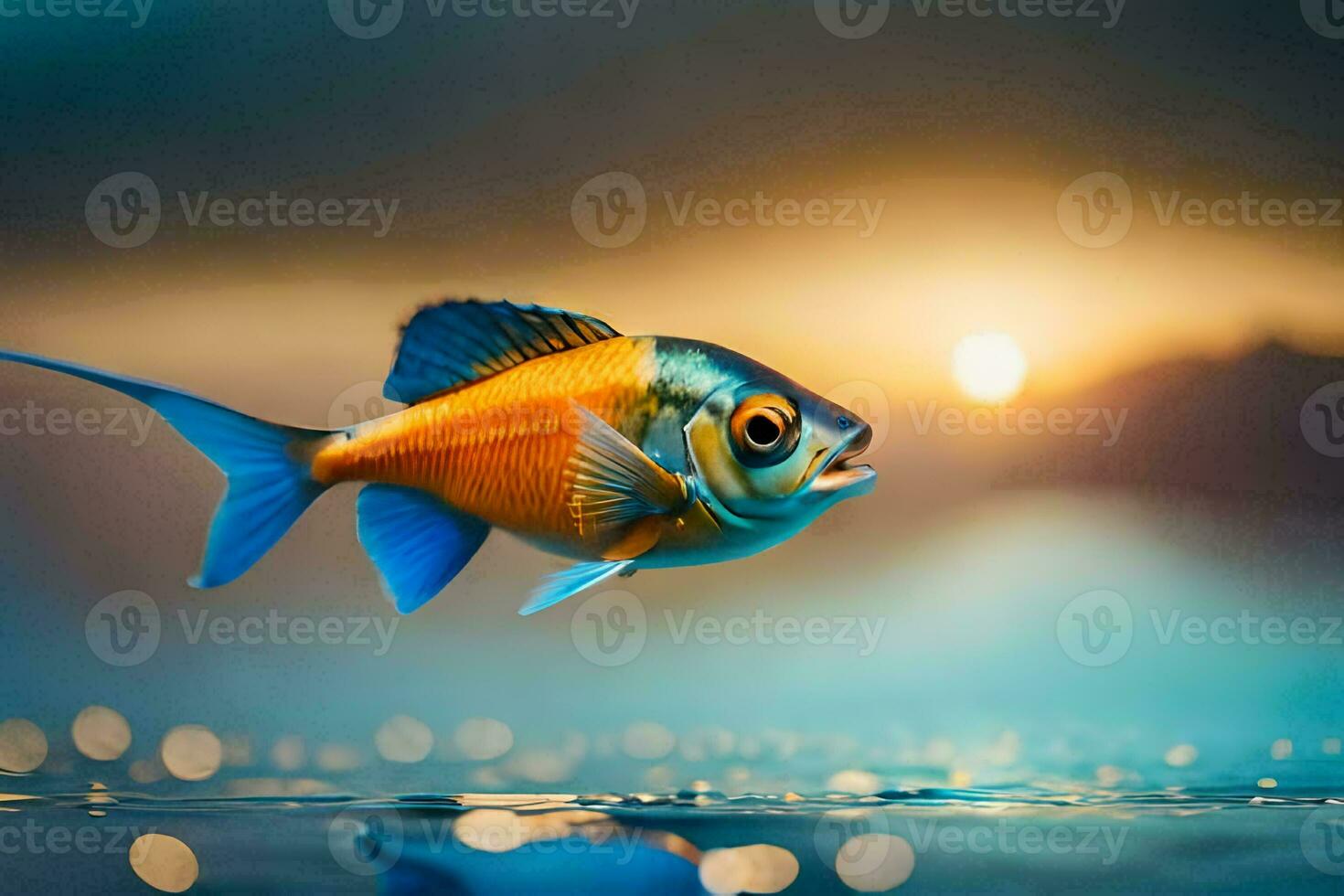 a fish swimming in the water with a sunset in the background. AI-Generated photo