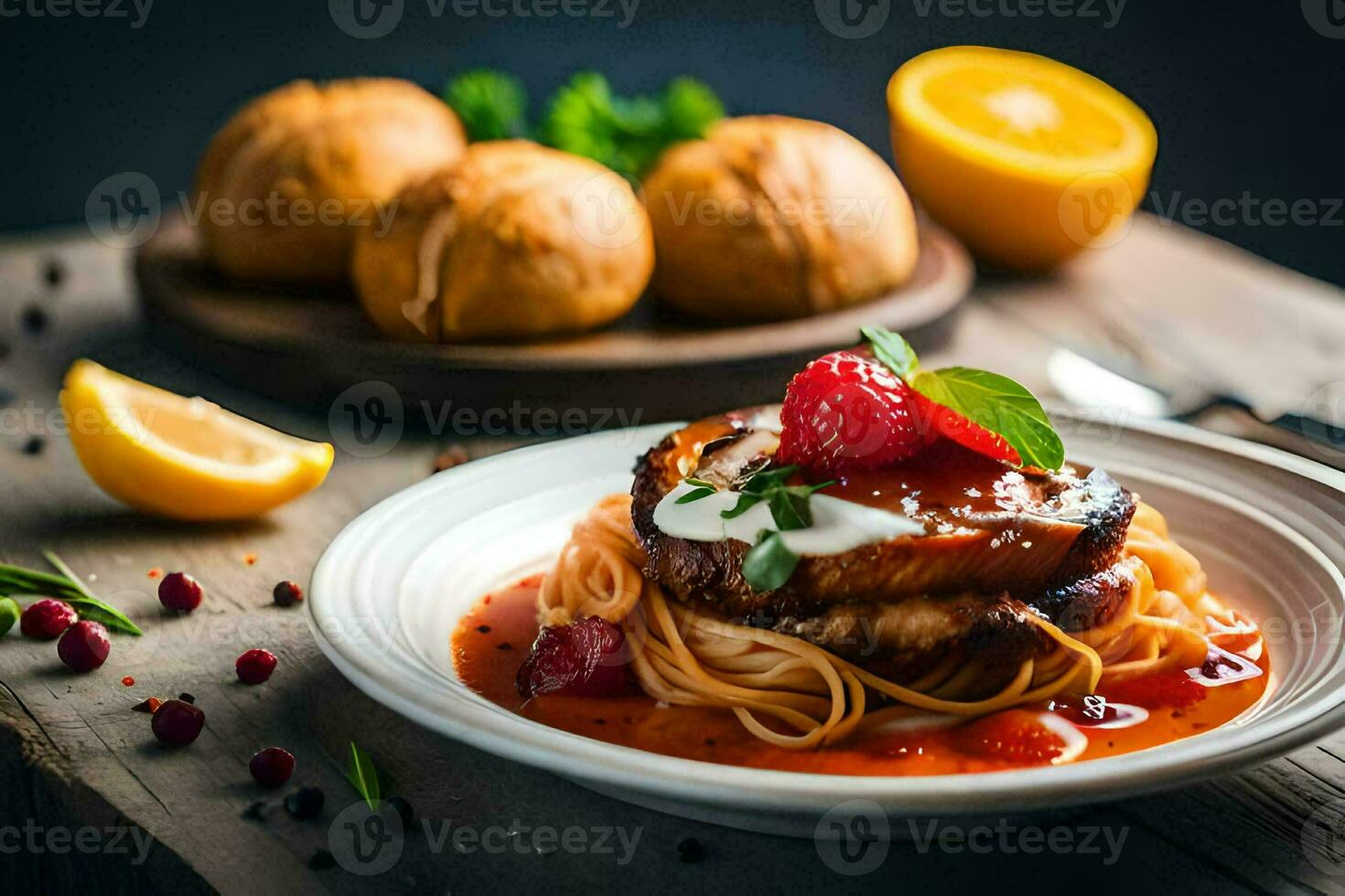 the food is served on a plate with a fork and a knife. AI-Generated photo