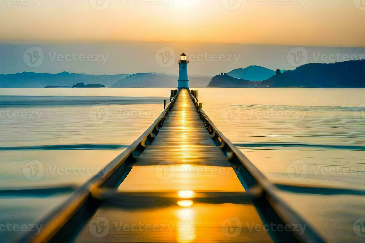 a lighthouse is on a pier in the middle of the ocean. AI-Generated photo