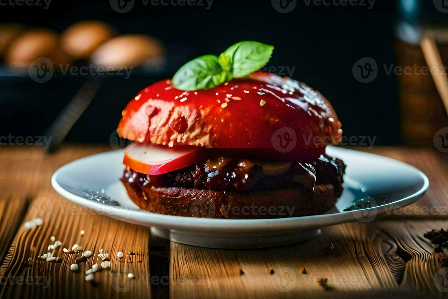 un hamburguesa con un tomate en cima. generado por ai foto