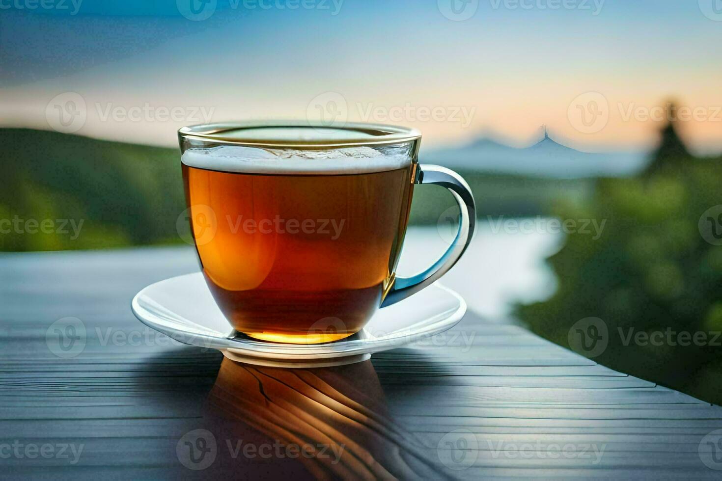 un taza de té en un de madera mesa. generado por ai foto