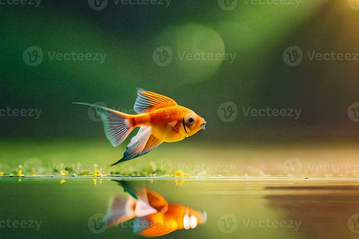 goldfish, the sun, water, reflection, fish, the green, the green, the. AI-Generated photo