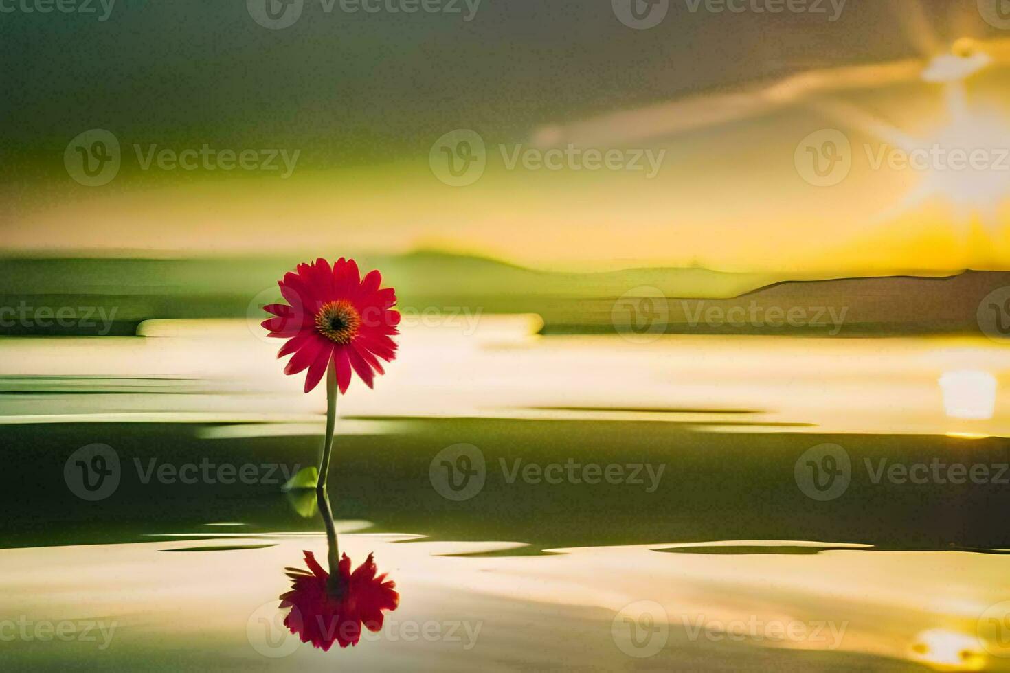 a single red flower is standing in the water at sunset. AI-Generated photo