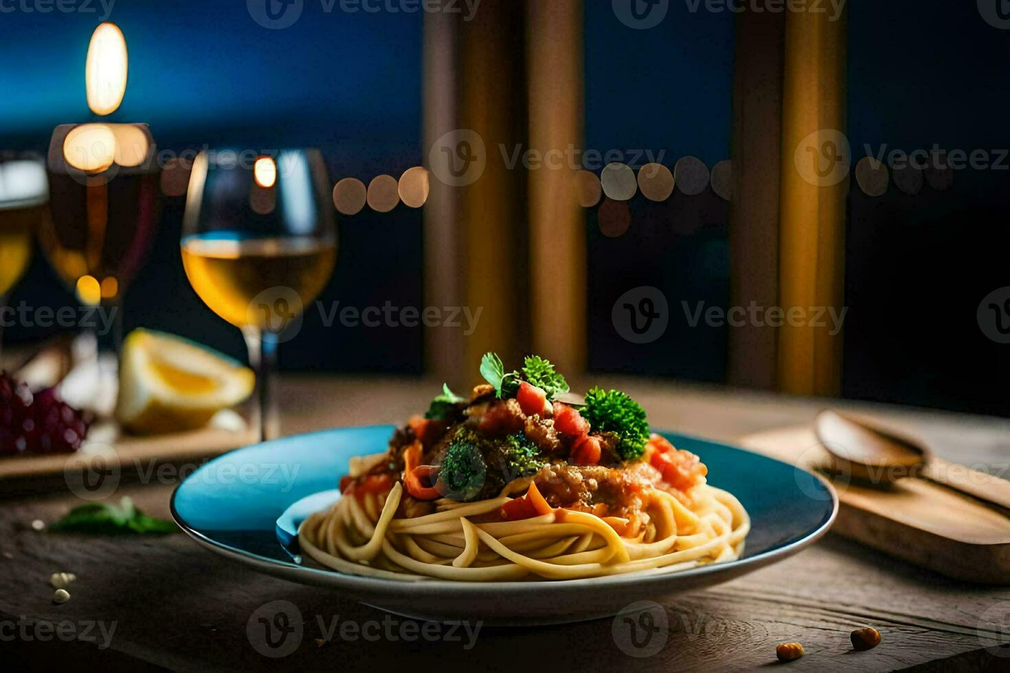 spaghetti with meat and vegetables on a plate. AI-Generated photo