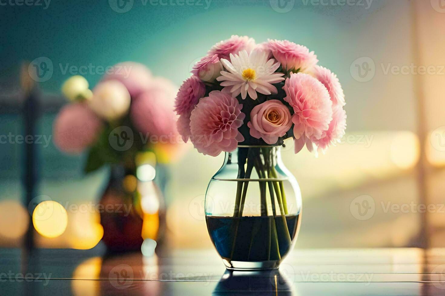 pink flowers in a vase on a table. AI-Generated photo