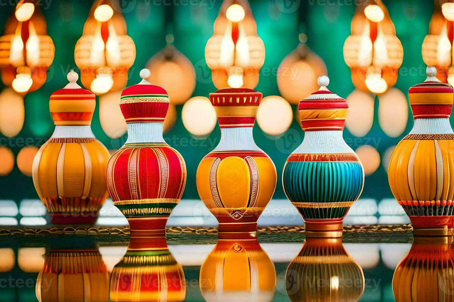 colorful vases lined up on a table. AI-Generated photo