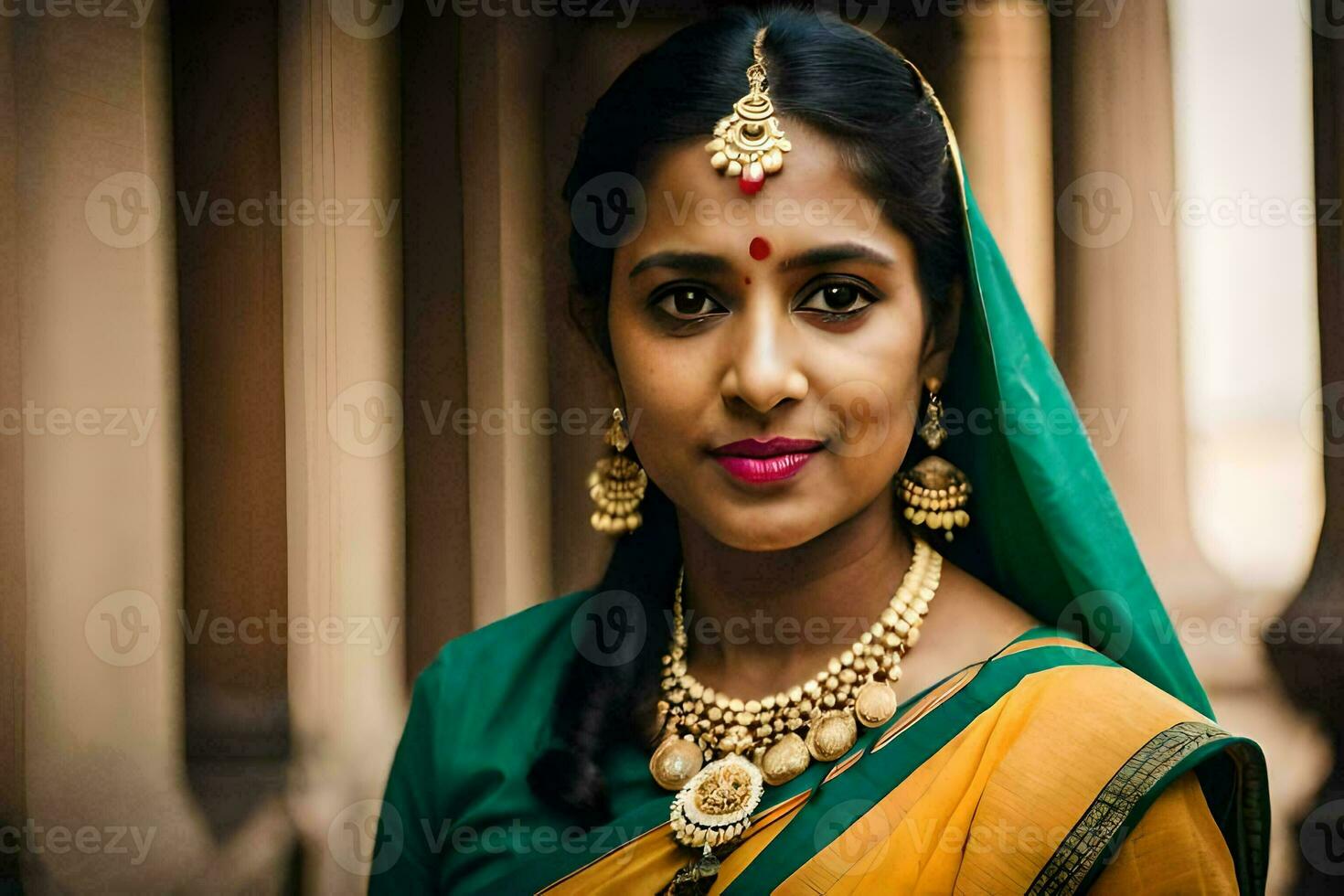 a beautiful indian woman wearing a green sari and gold jewelry. AI-Generated photo