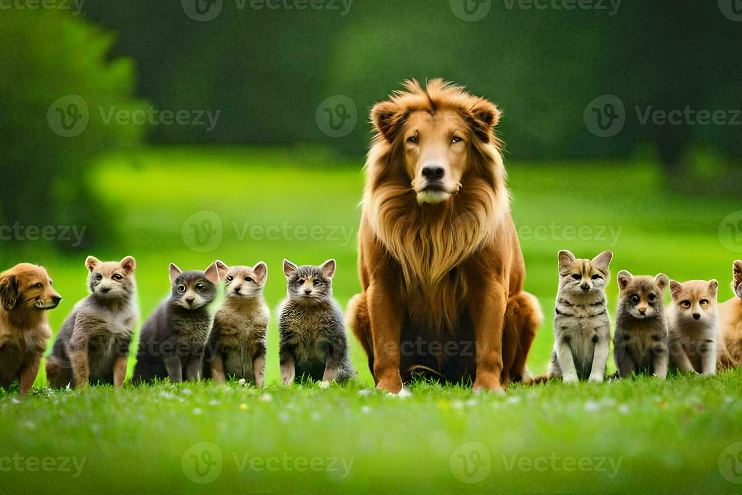 a lion and a group of puppies in the grass. AI-Generated photo