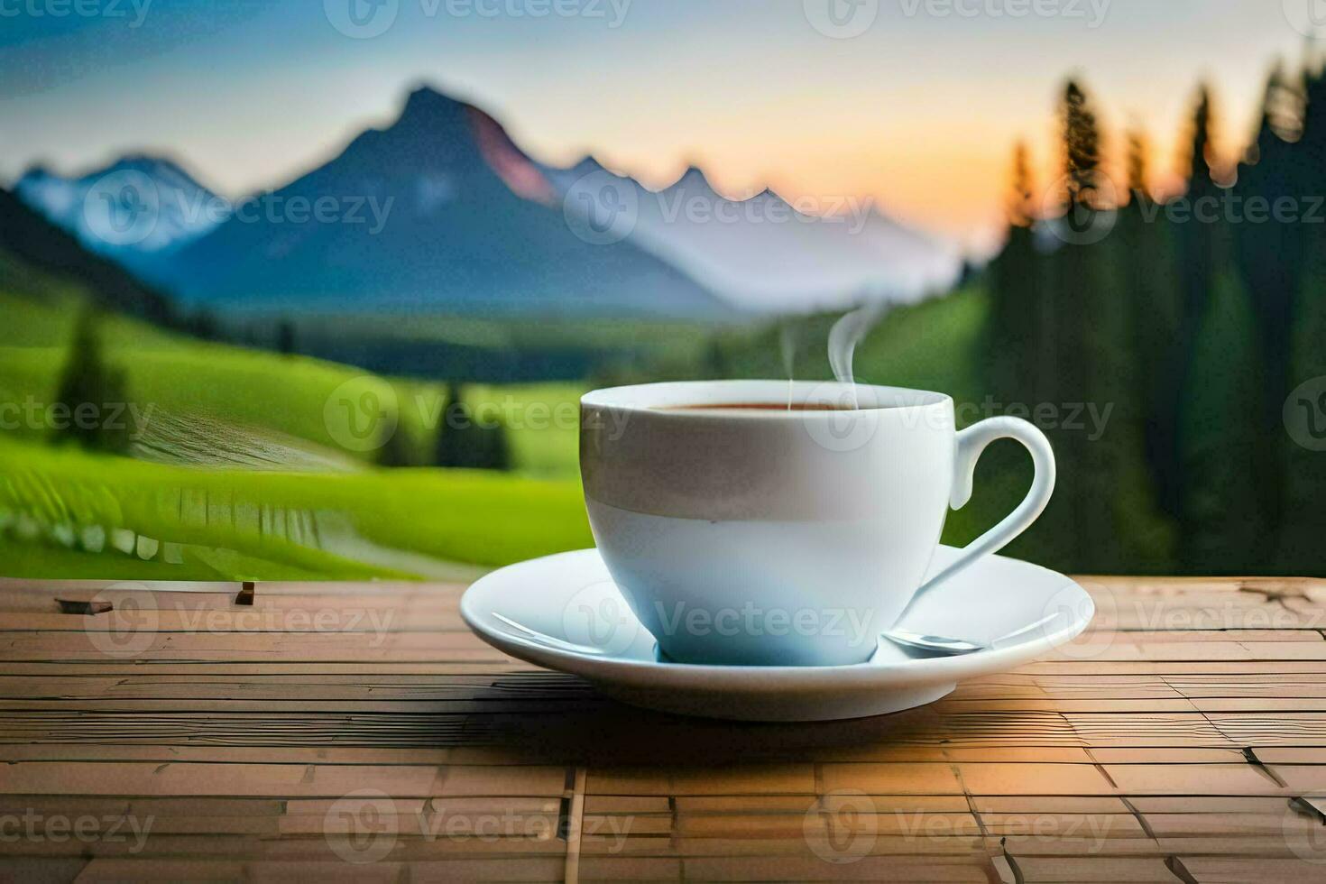 a cup of coffee on a wooden table in the mountains. AI-Generated photo