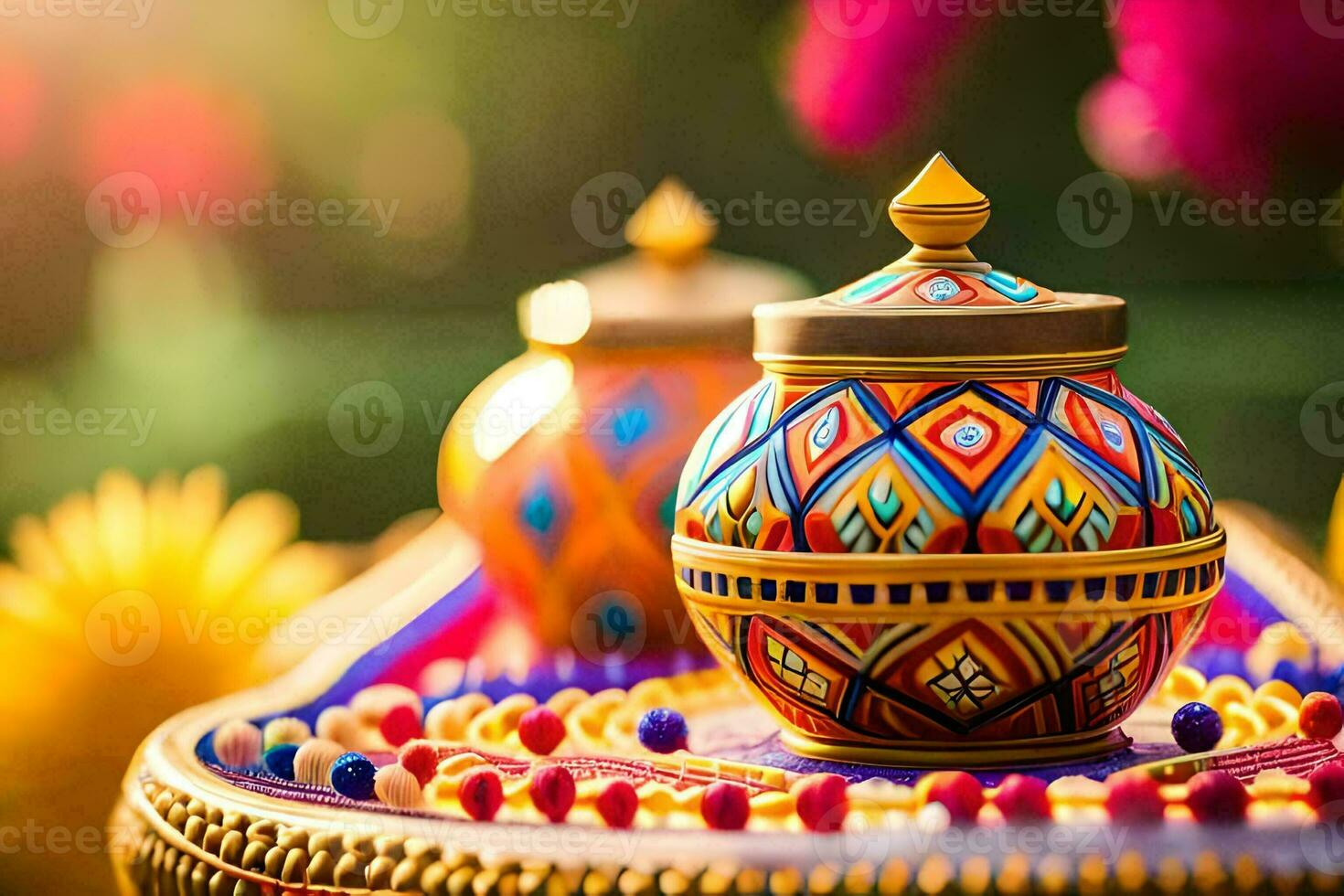 colorful decorative items on a table with bright flowers. AI-Generated photo