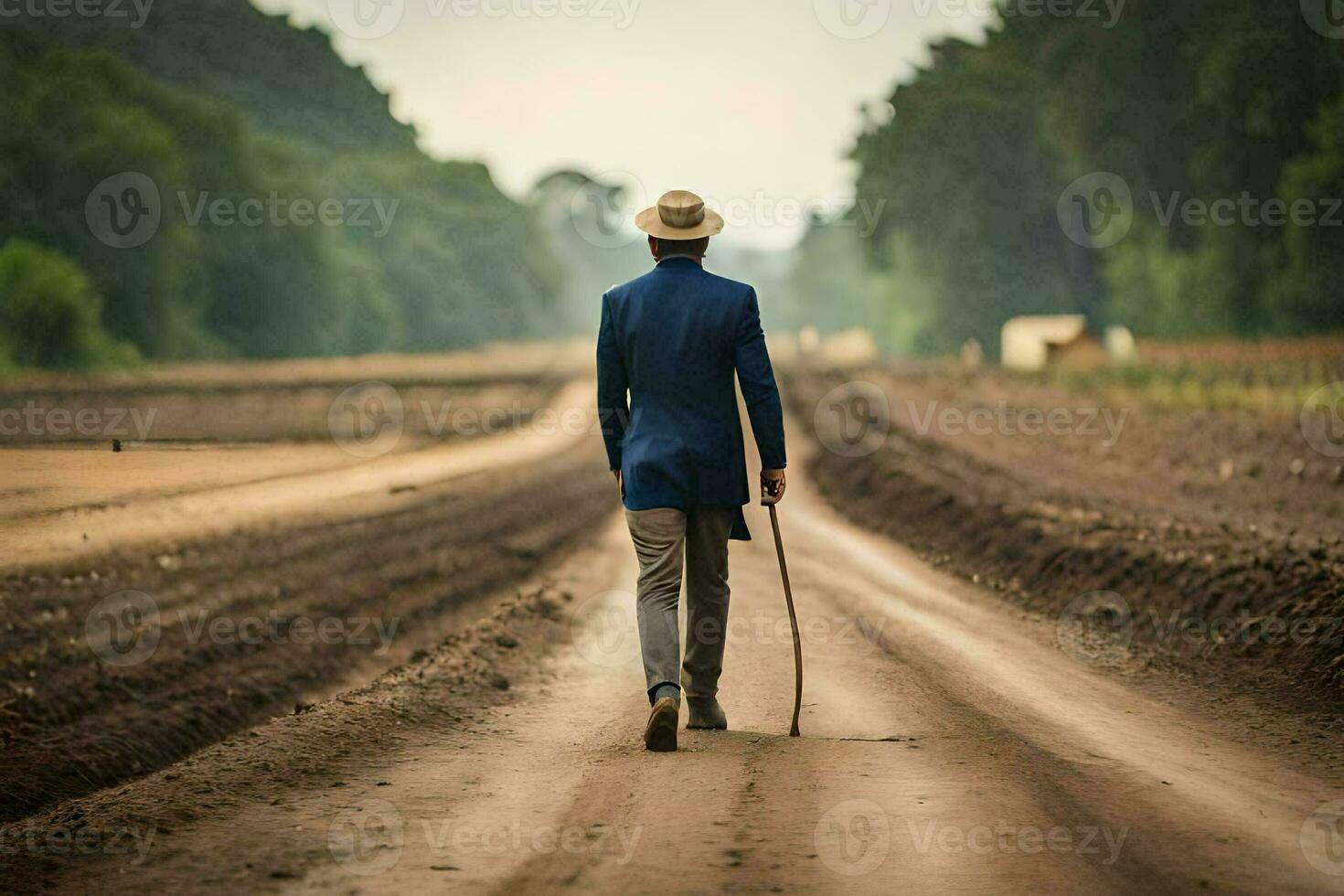 un hombre en un azul traje y sombrero caminando abajo un suciedad la carretera. generado por ai foto