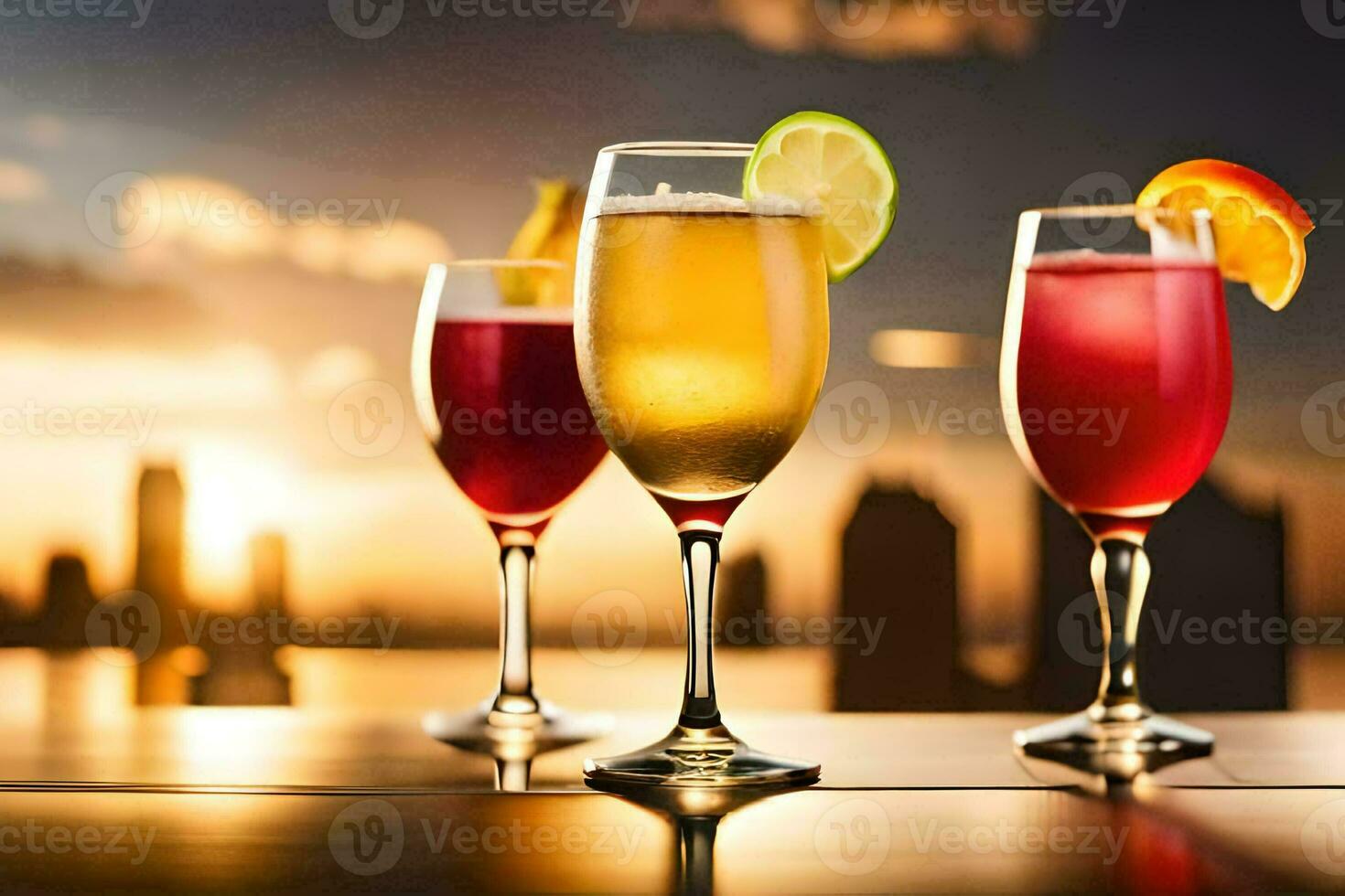 Tres lentes de diferente bebidas con puesta de sol en el antecedentes. generado por ai foto