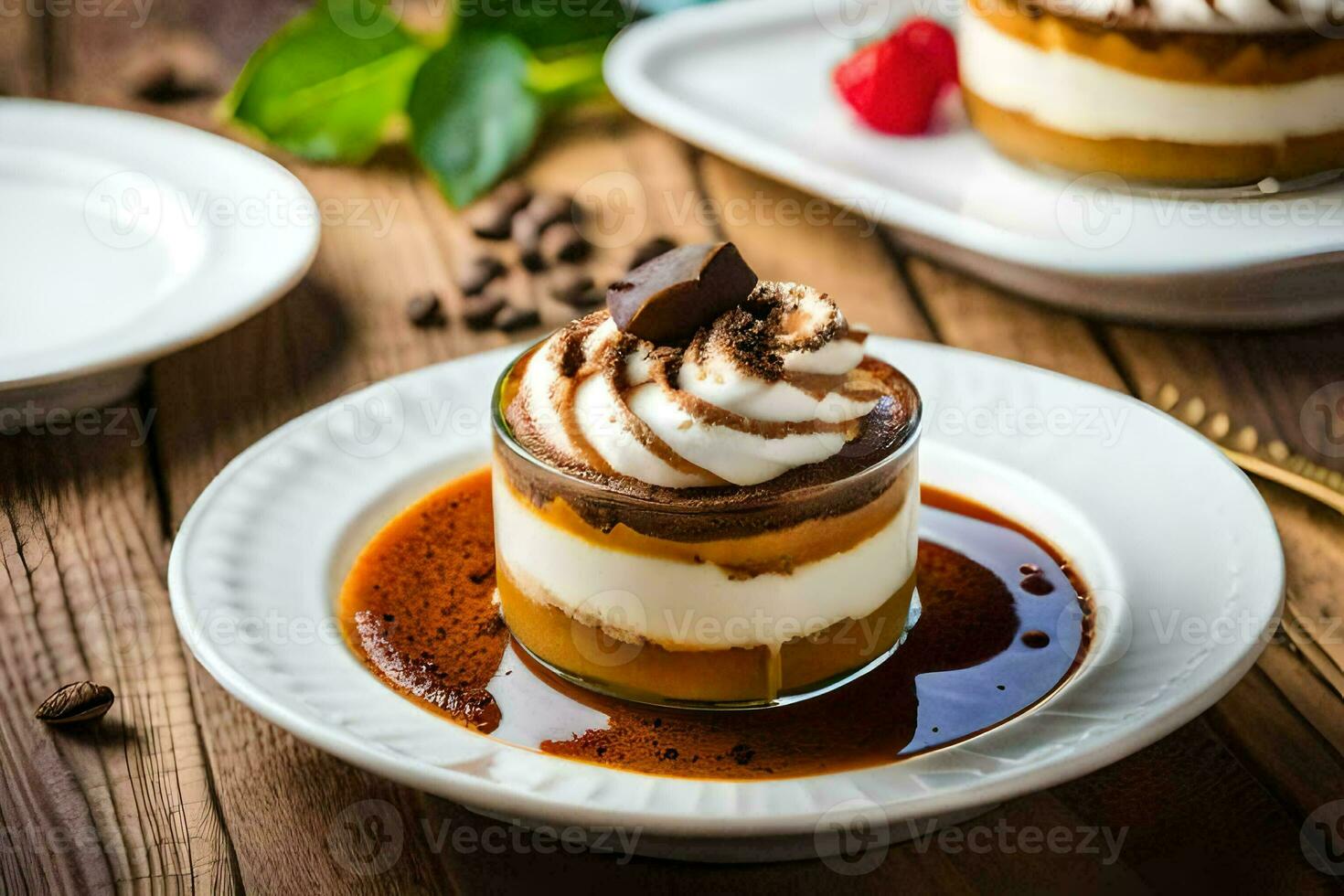 the dessert is served on a white plate with a spoon. AI-Generated photo