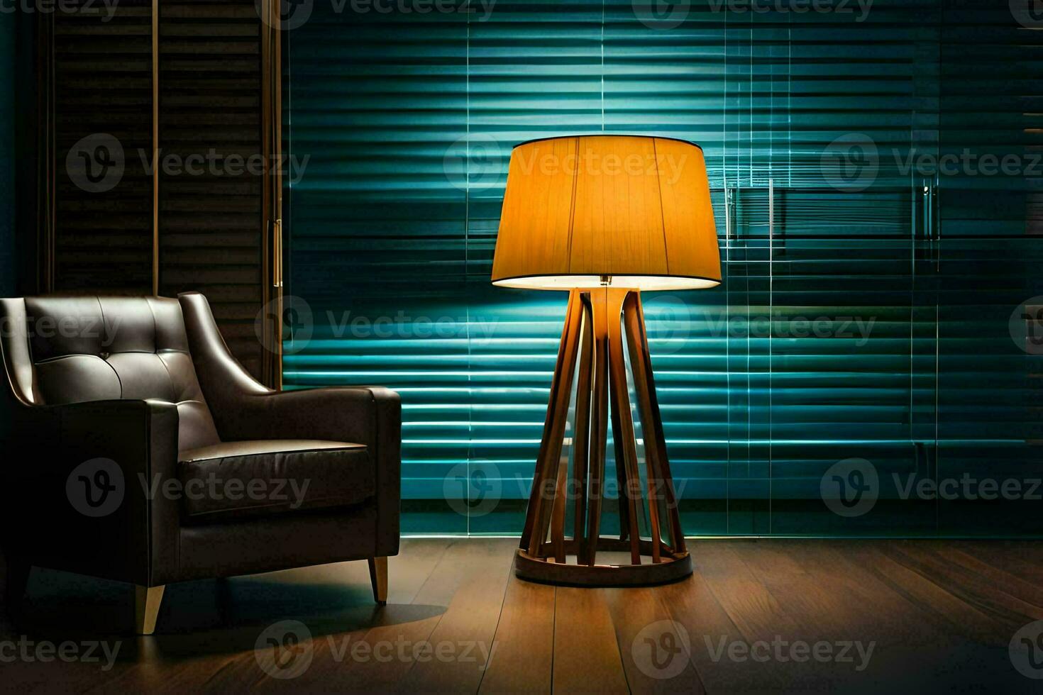 a lamp in a dark room with a chair. AI-Generated photo
