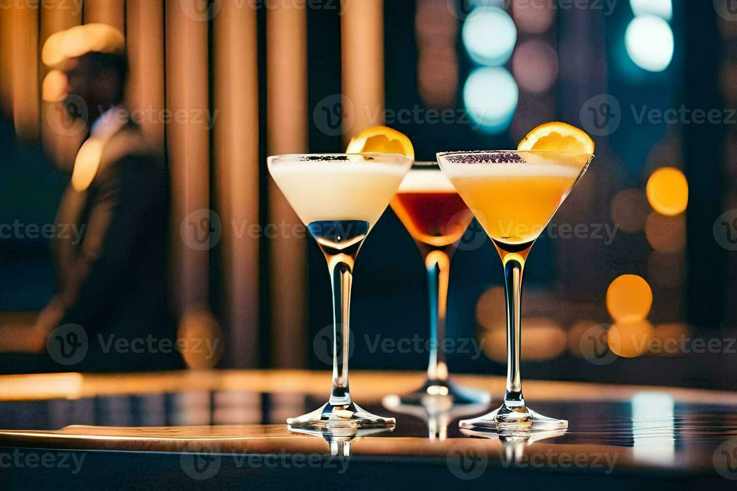 three cocktails on a bar counter with a man in the background. AI-Generated photo