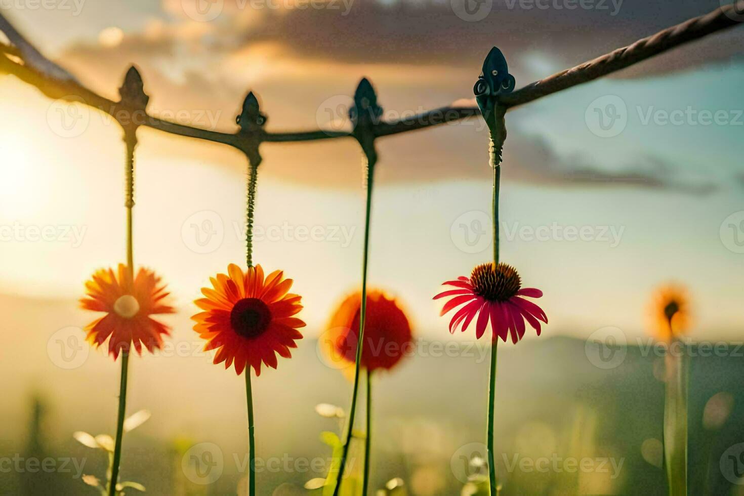 flowers hanging from a fence. AI-Generated photo
