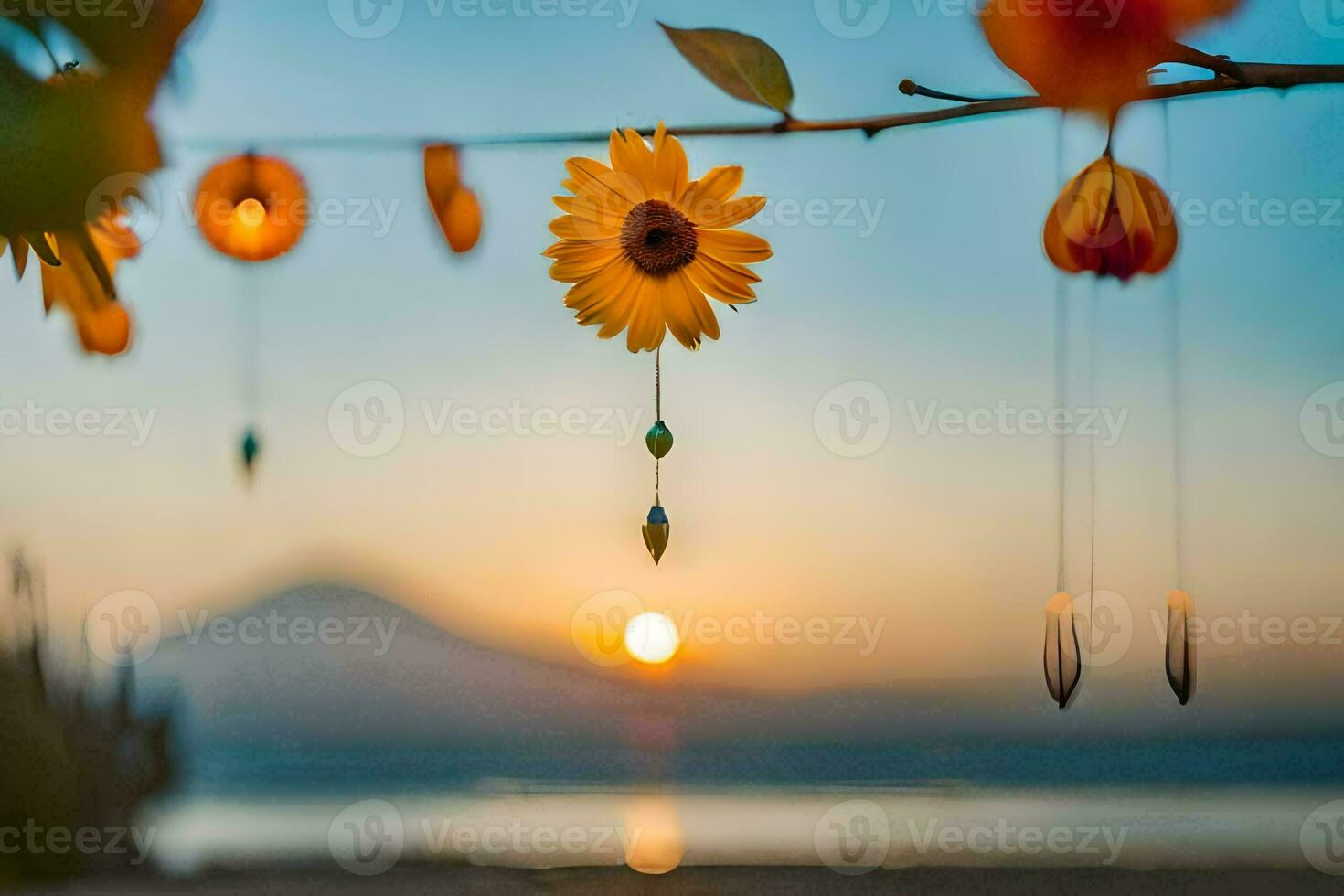 sunflower hanging from a tree with a sunset in the background. AI-Generated photo