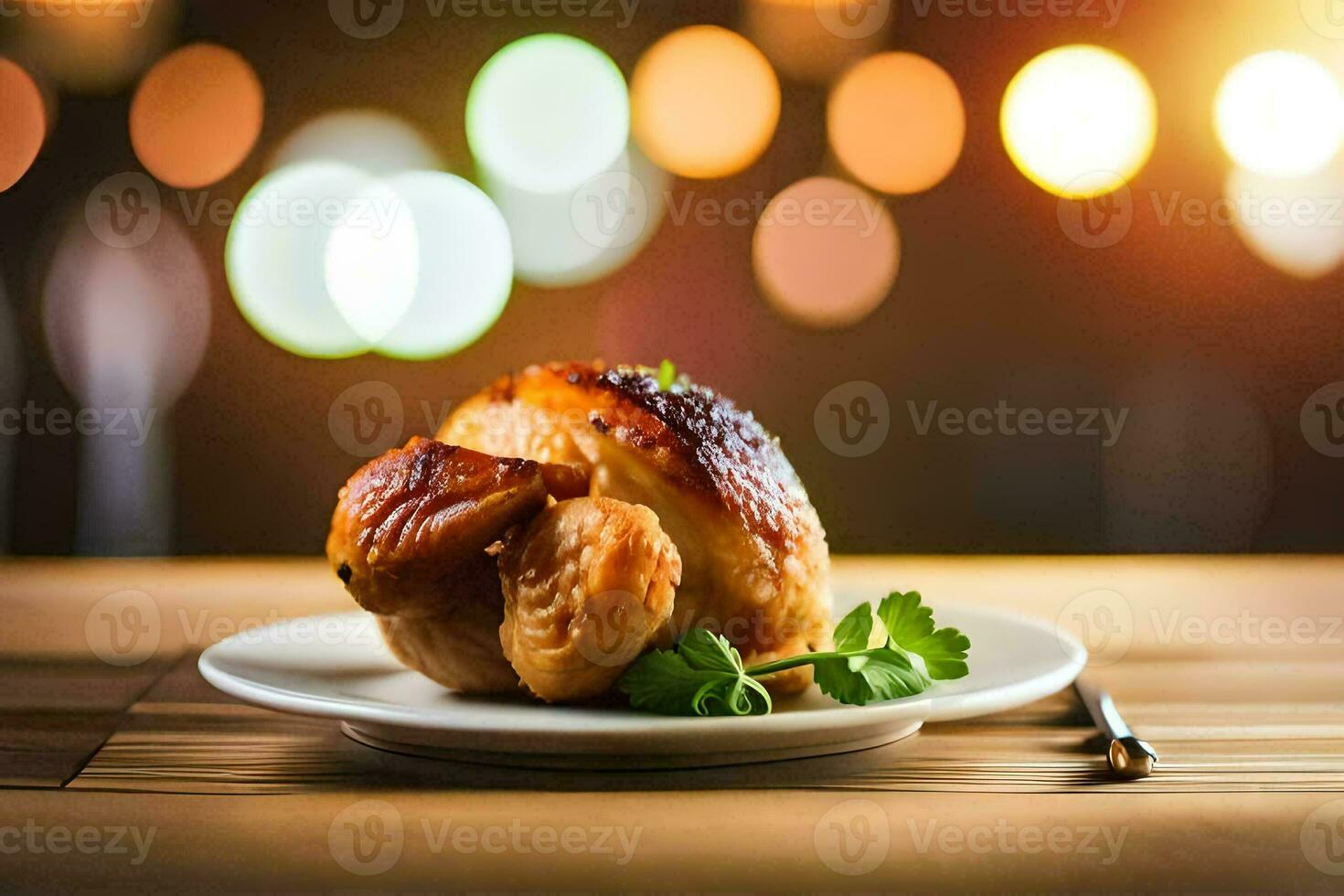 a roasted chicken on a plate with a fork. AI-Generated photo