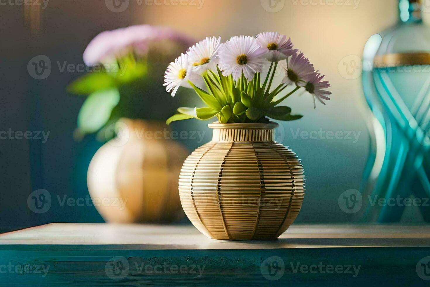 two vases with flowers on a table. AI-Generated photo