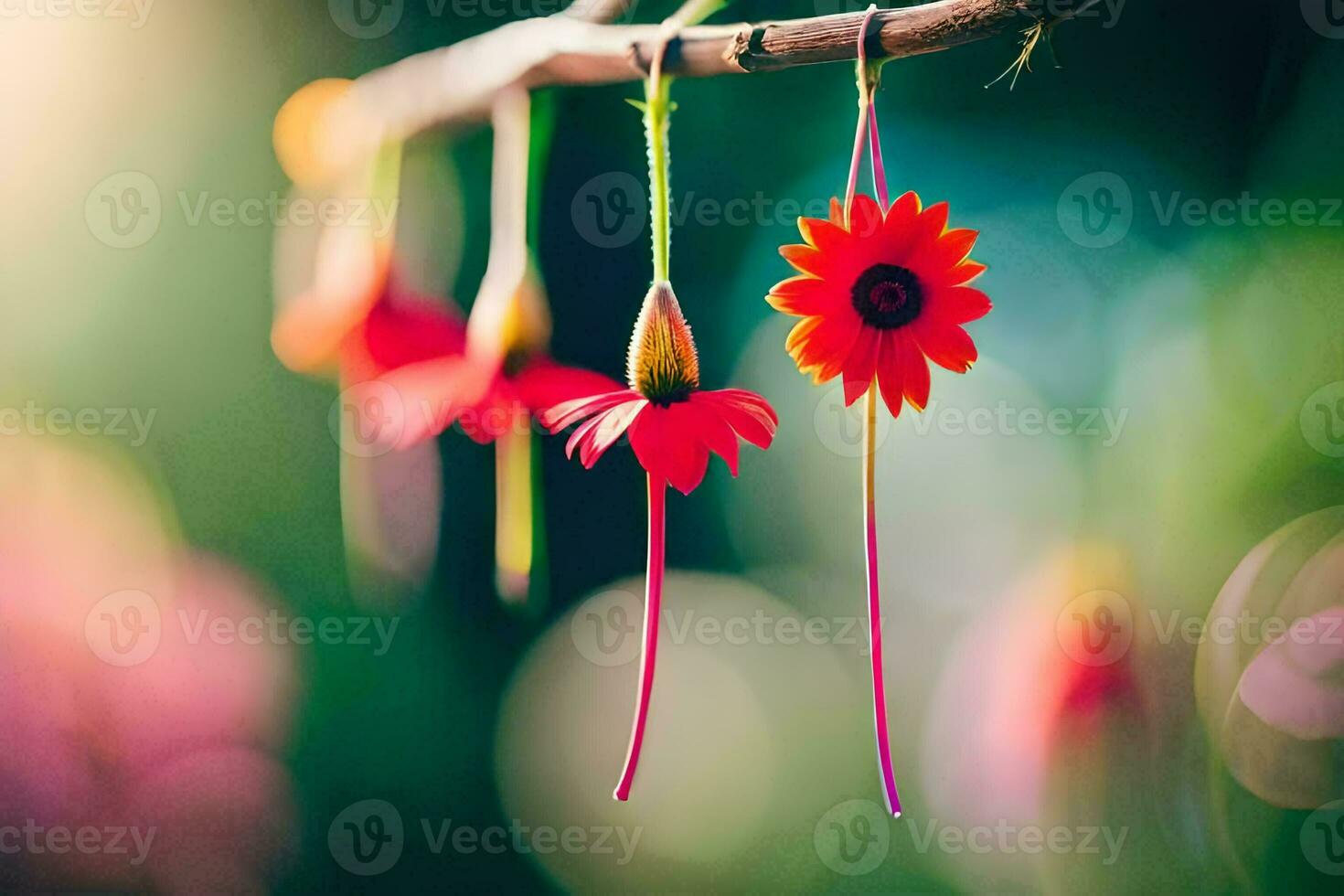red flowers hanging from a branch. AI-Generated photo