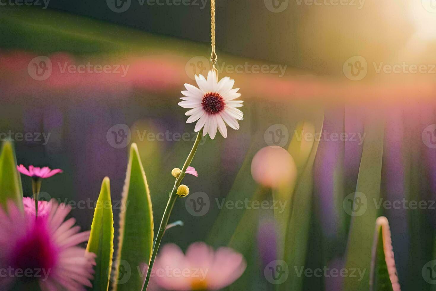 a flower hanging from a chain in a field. AI-Generated photo