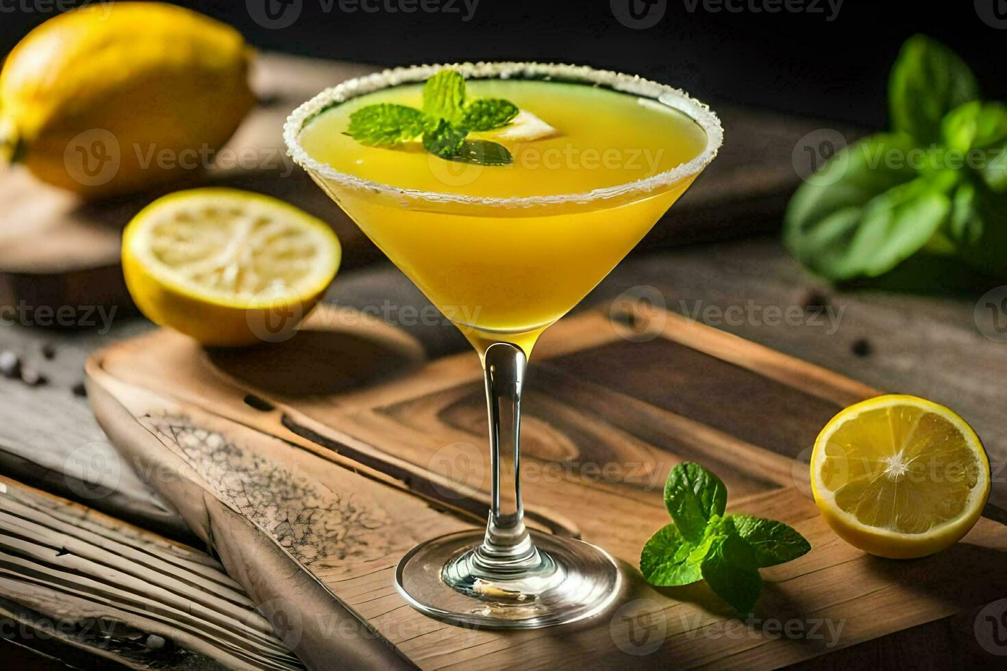 a cocktail with lemon and mint on a cutting board. AI-Generated photo