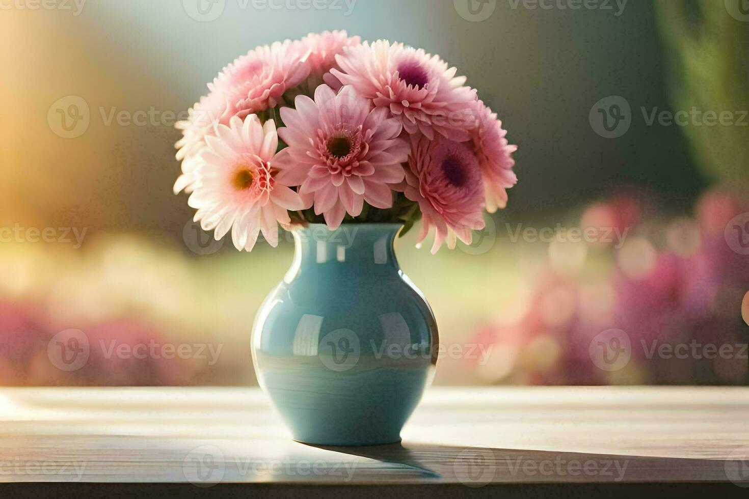 a vase with pink flowers on a table. AI-Generated photo