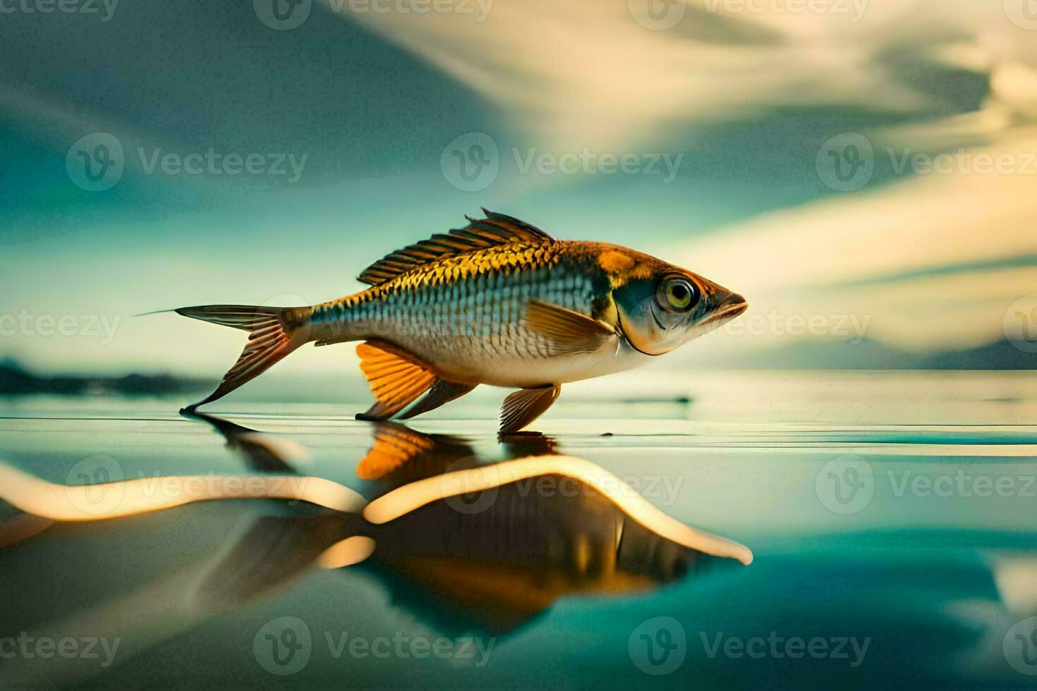 a fish is standing on the water with a sunset in the background. AI-Generated photo