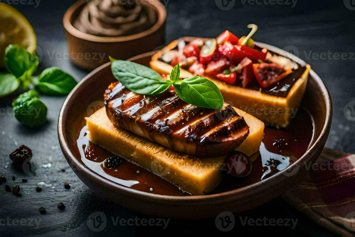grilled pork chops with sauce and garnish on a plate. AI-Generated photo