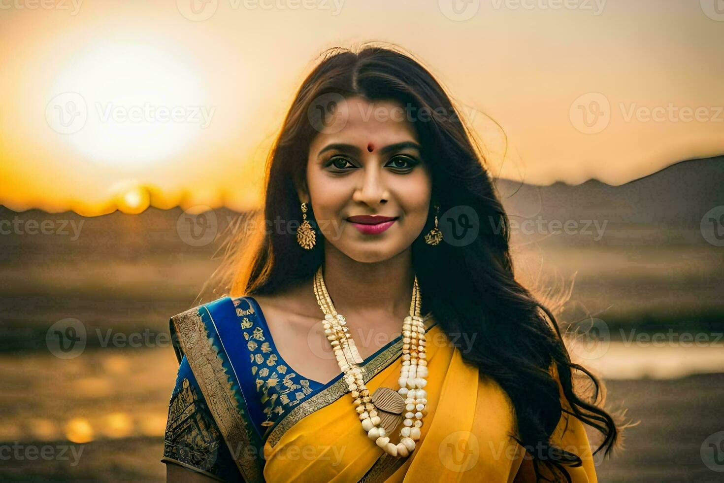 a beautiful indian woman in a yellow sari. AI-Generated photo