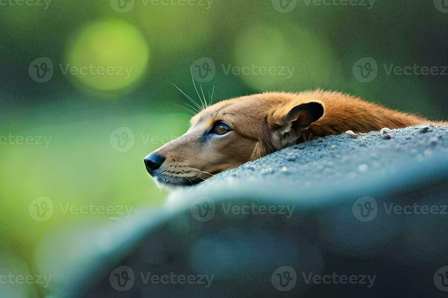 a brown dog laying on top of a rock. AI-Generated photo