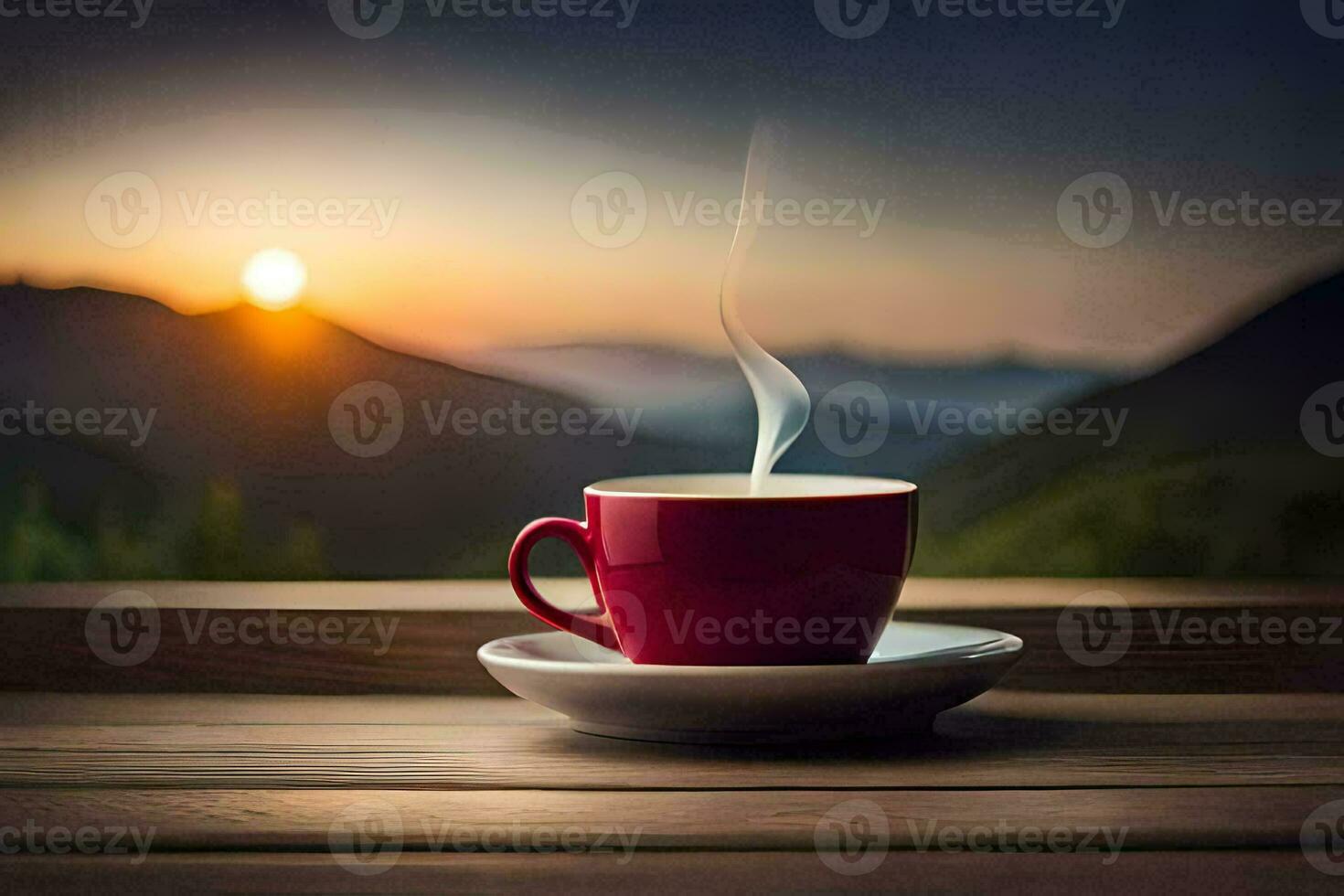 a cup of coffee on a wooden table with a view of the mountains. AI-Generated photo