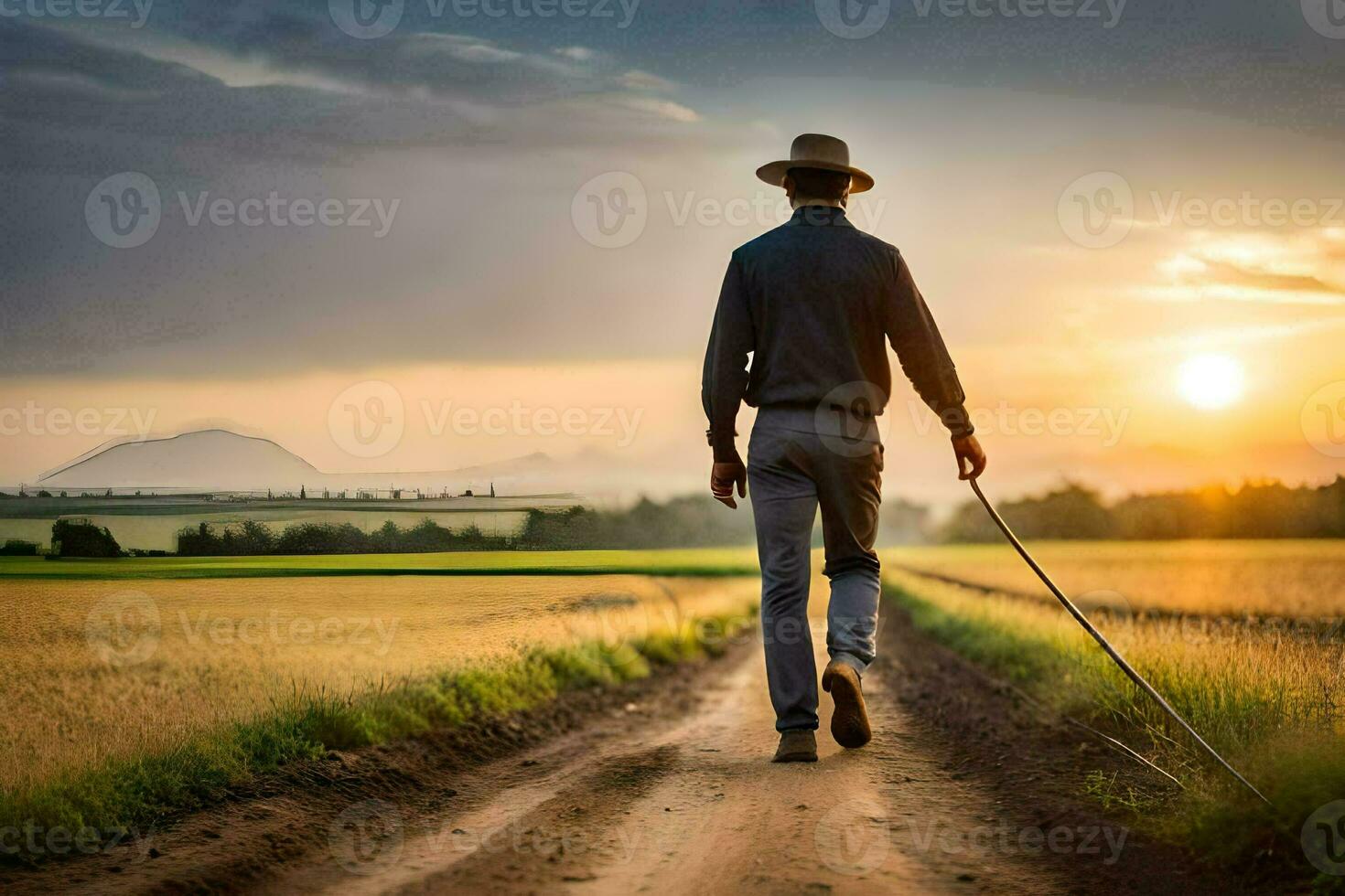 un hombre caminando en un suciedad la carretera con un perro. generado por ai foto