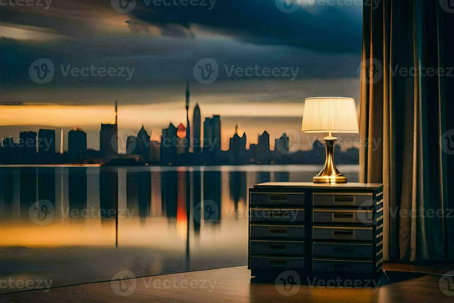 a lamp sits on a table in front of a city skyline. AI-Generated photo