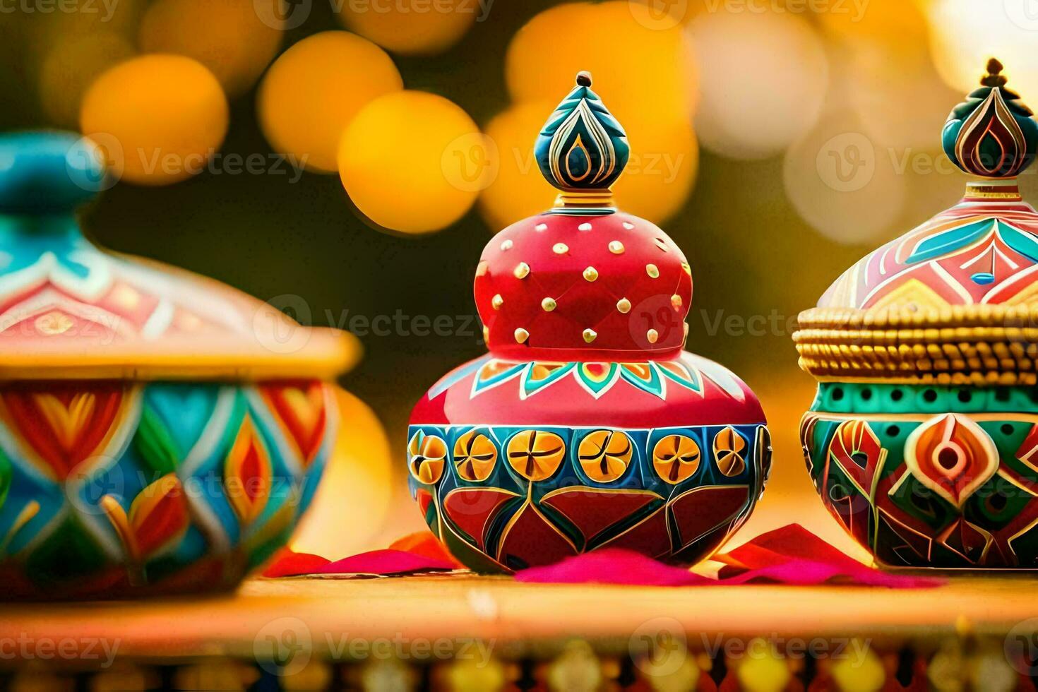 colorful diyas on a table with a bright background. AI-Generated photo