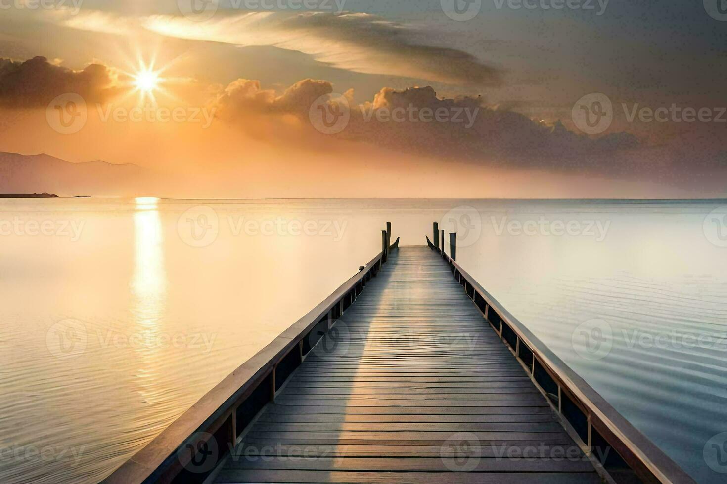 a wooden pier stretches out into the ocean at sunset. AI-Generated photo