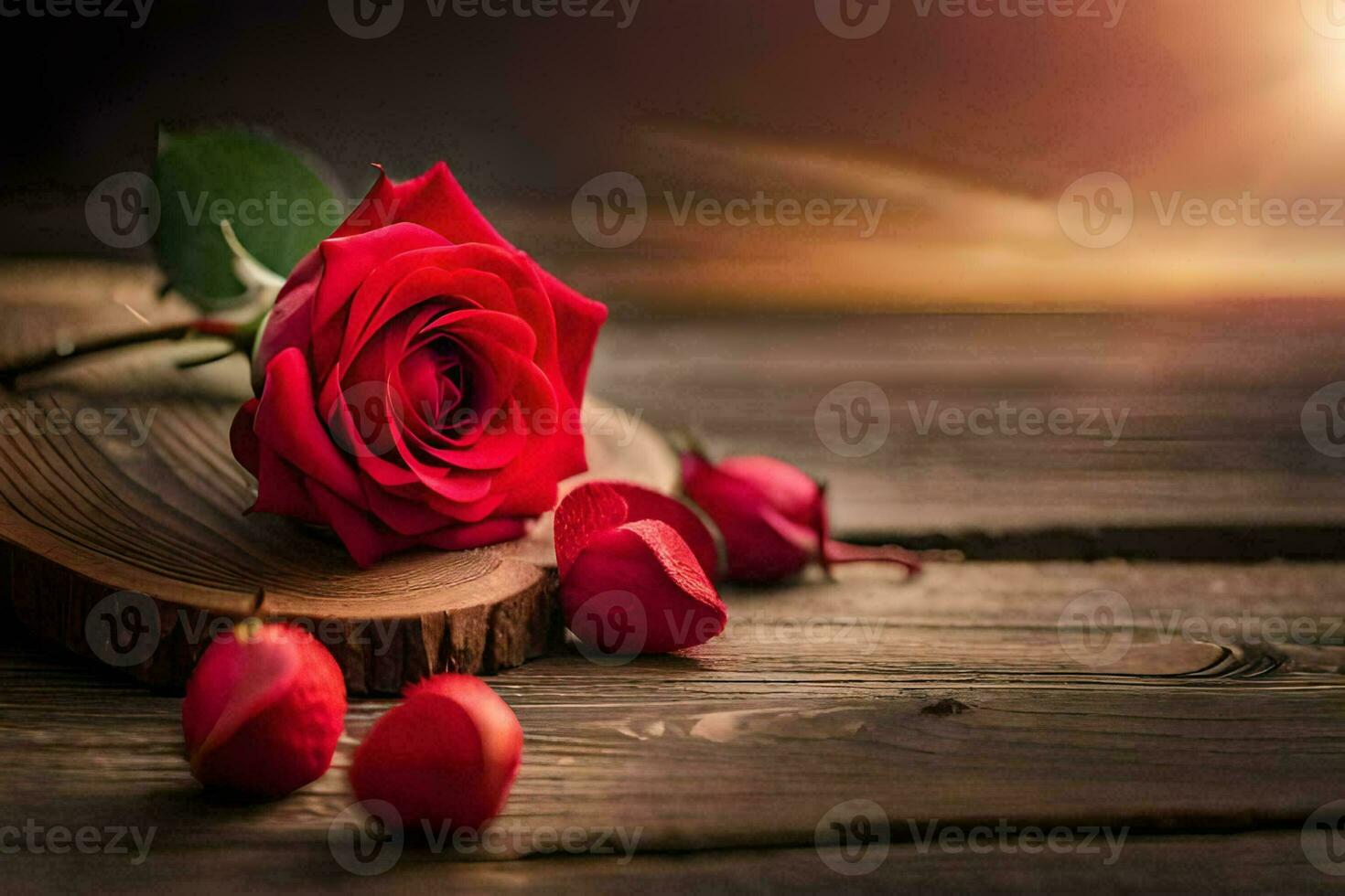 red roses on a wooden table with sun in the background. AI-Generated photo