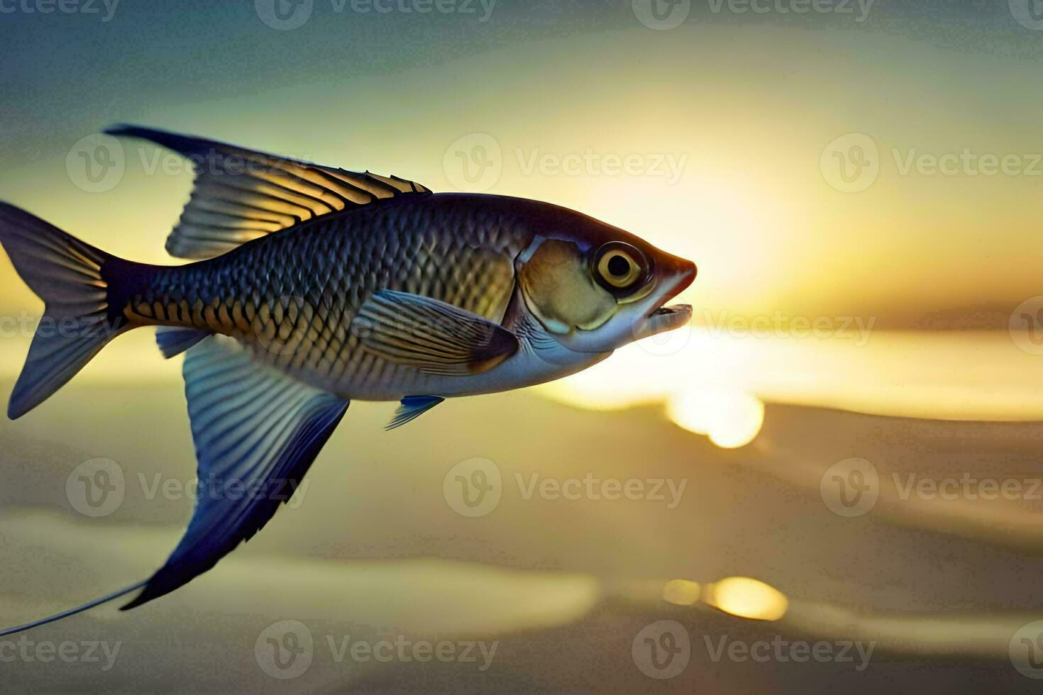 a fish is flying in the air at sunset. AI-Generated photo