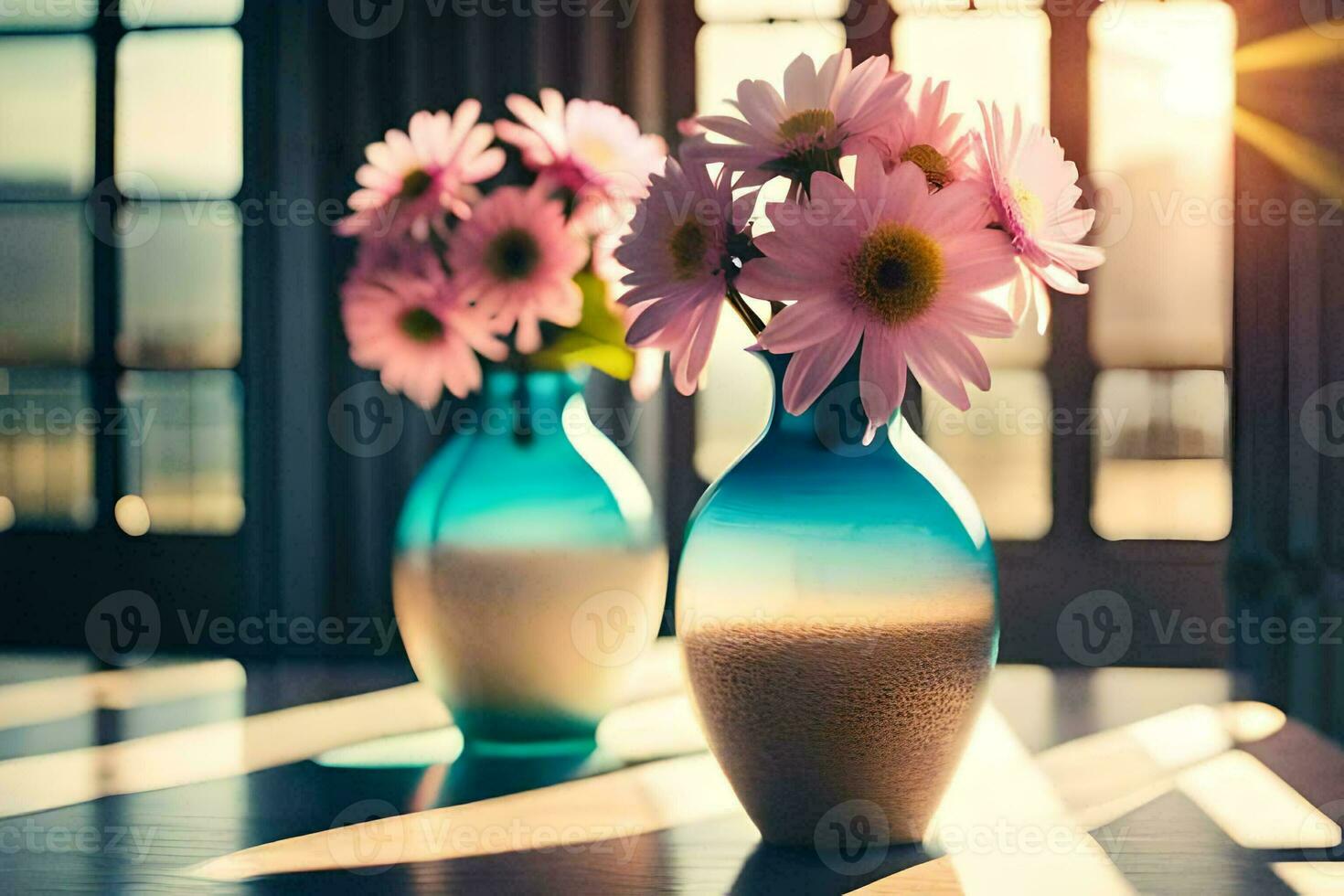 two vases with pink flowers sitting on a table. AI-Generated photo