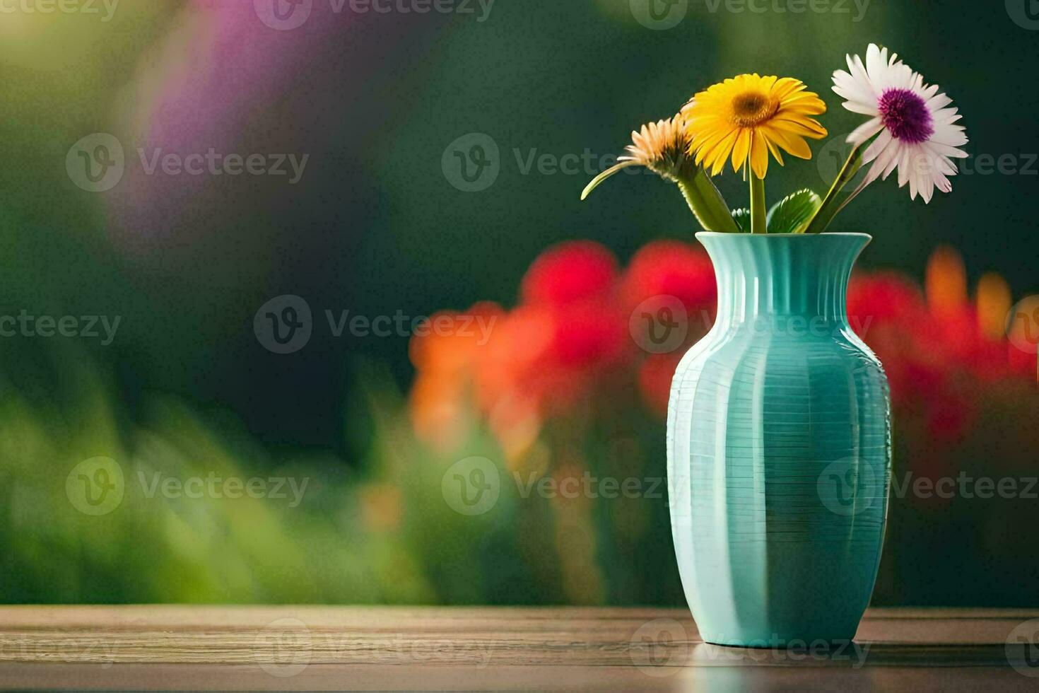 a vase with flowers on a table in front of a green background. AI-Generated photo