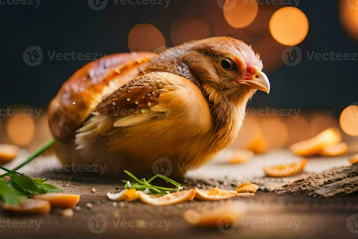 a chicken is sitting on a table with some nuts. AI-Generated photo