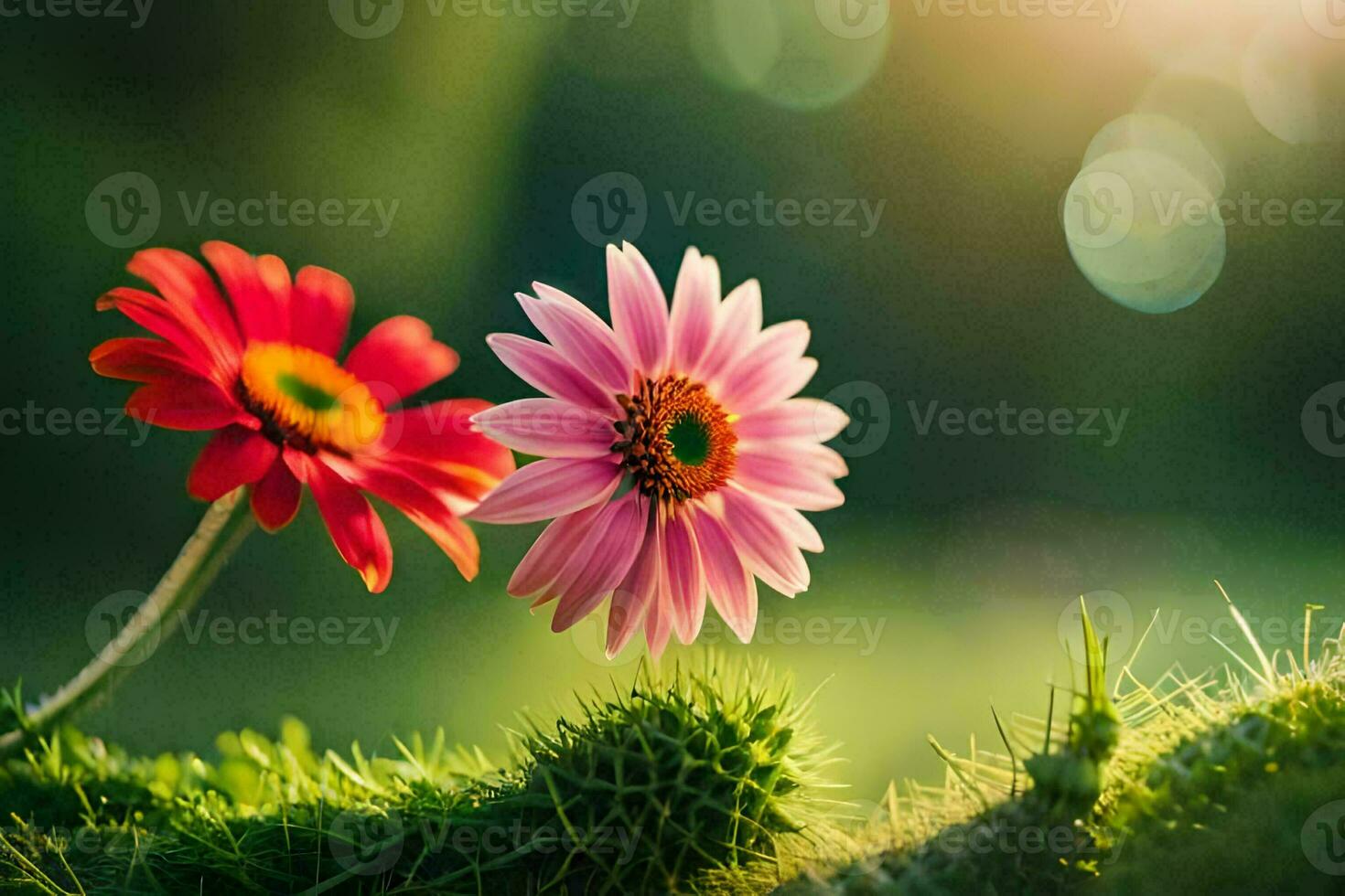 two pink flowers are standing in front of a green field. AI-Generated photo