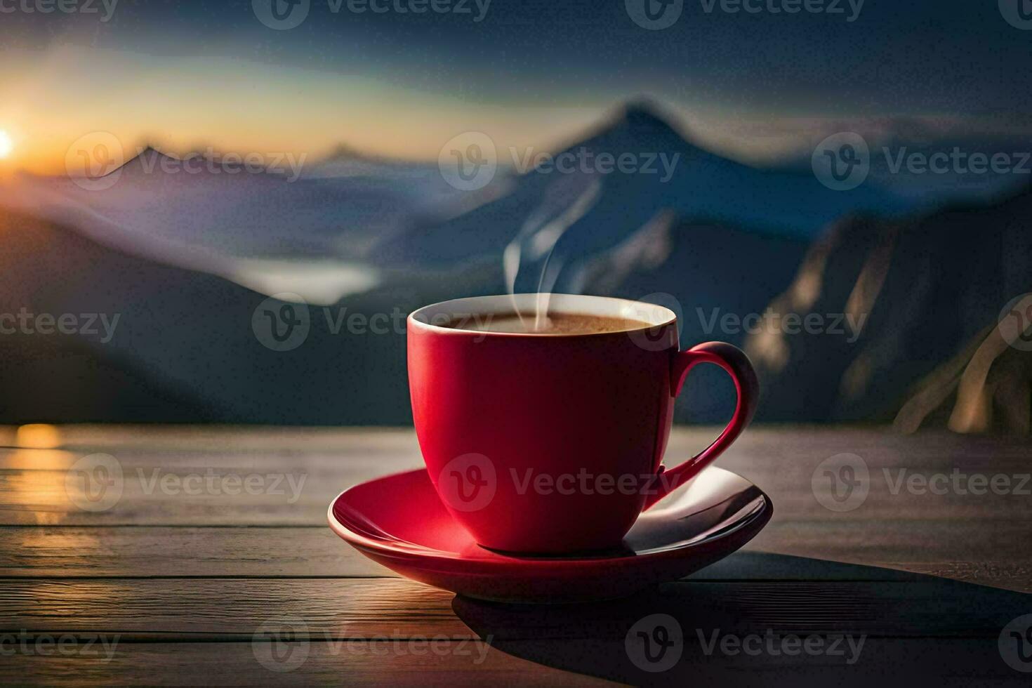 a cup of coffee on a wooden table in front of a mountain view. AI-Generated photo