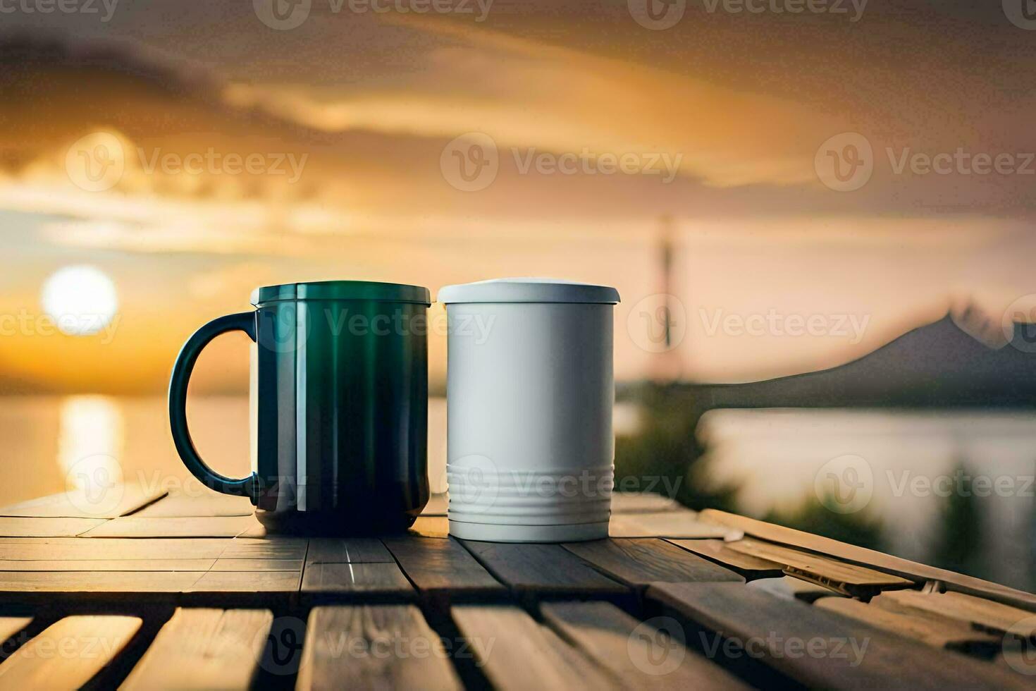 two coffee mugs on a wooden table with a sunset in the background. AI-Generated photo