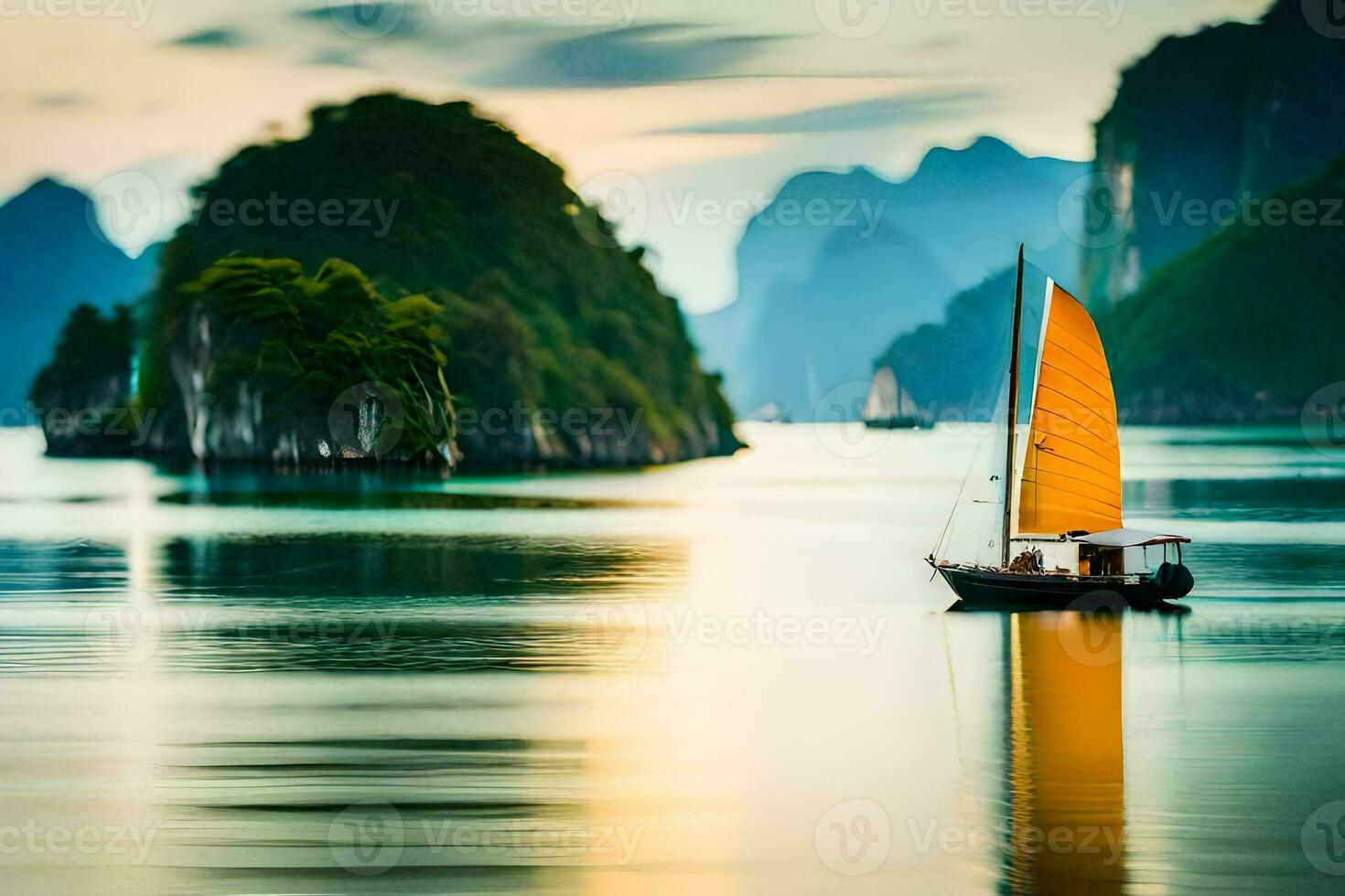 un barco con un amarillo vela en el agua. generado por ai foto