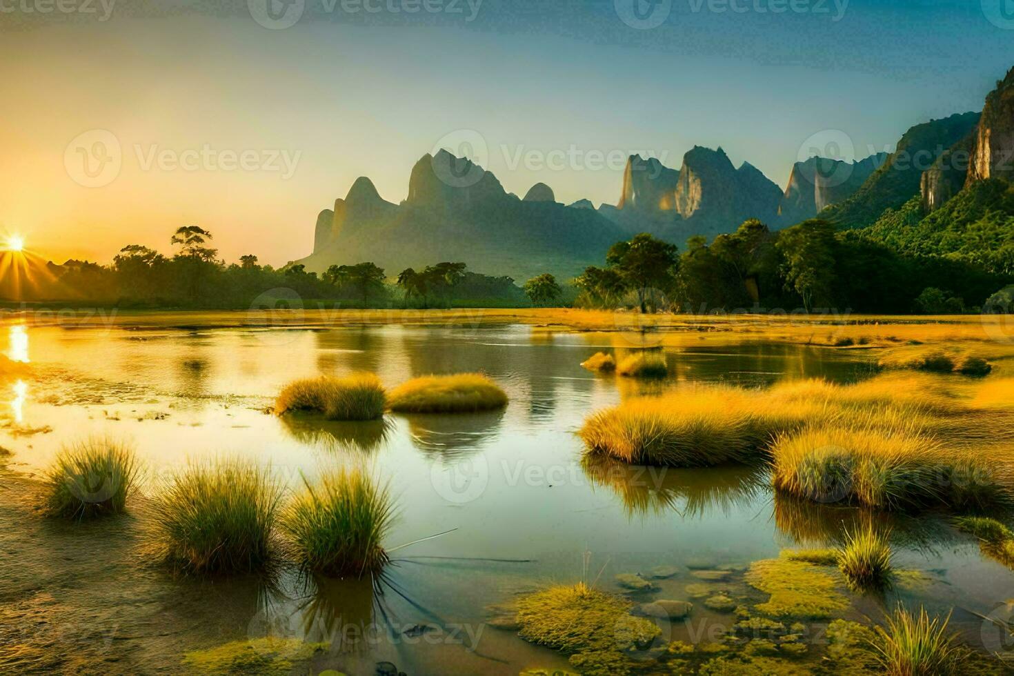 the sun rises over a marshy field with mountains in the background. AI-Generated photo