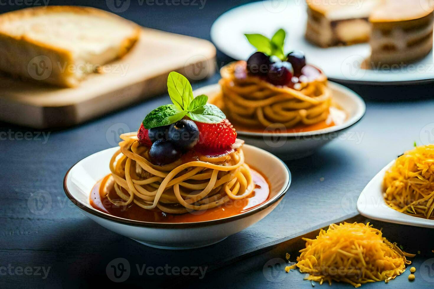 spaghetti with tomato sauce and cheese on a plate. AI-Generated photo