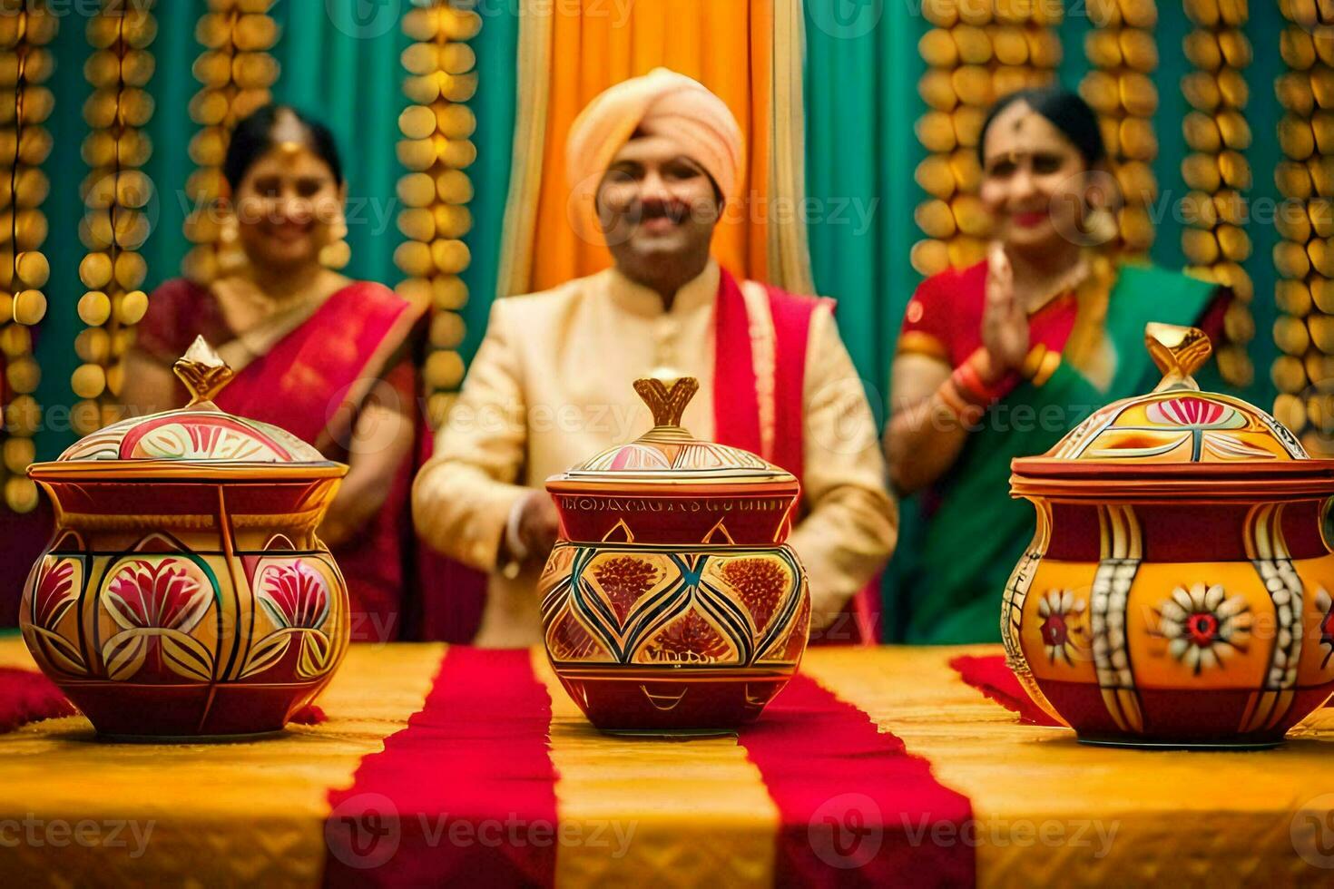 a man and woman in traditional indian attire are posing for a photo. AI-Generated photo
