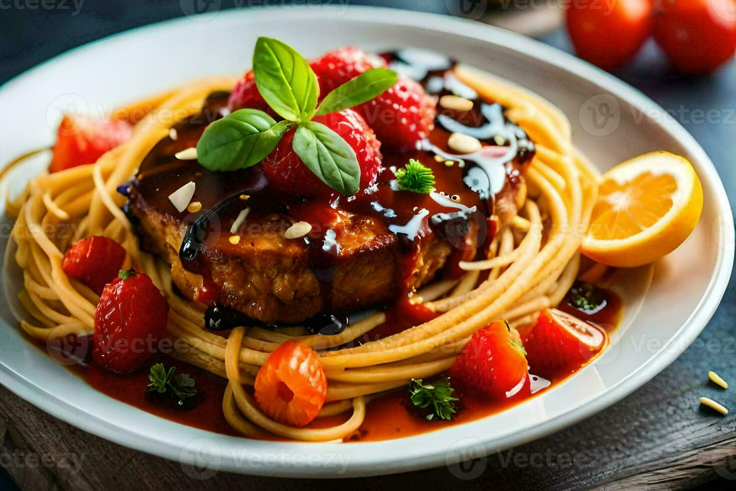 spaghetti with meat and tomatoes on a plate. AI-Generated photo