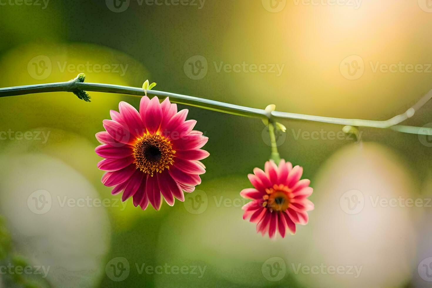 two pink flowers are on a branch with sunlight. AI-Generated photo